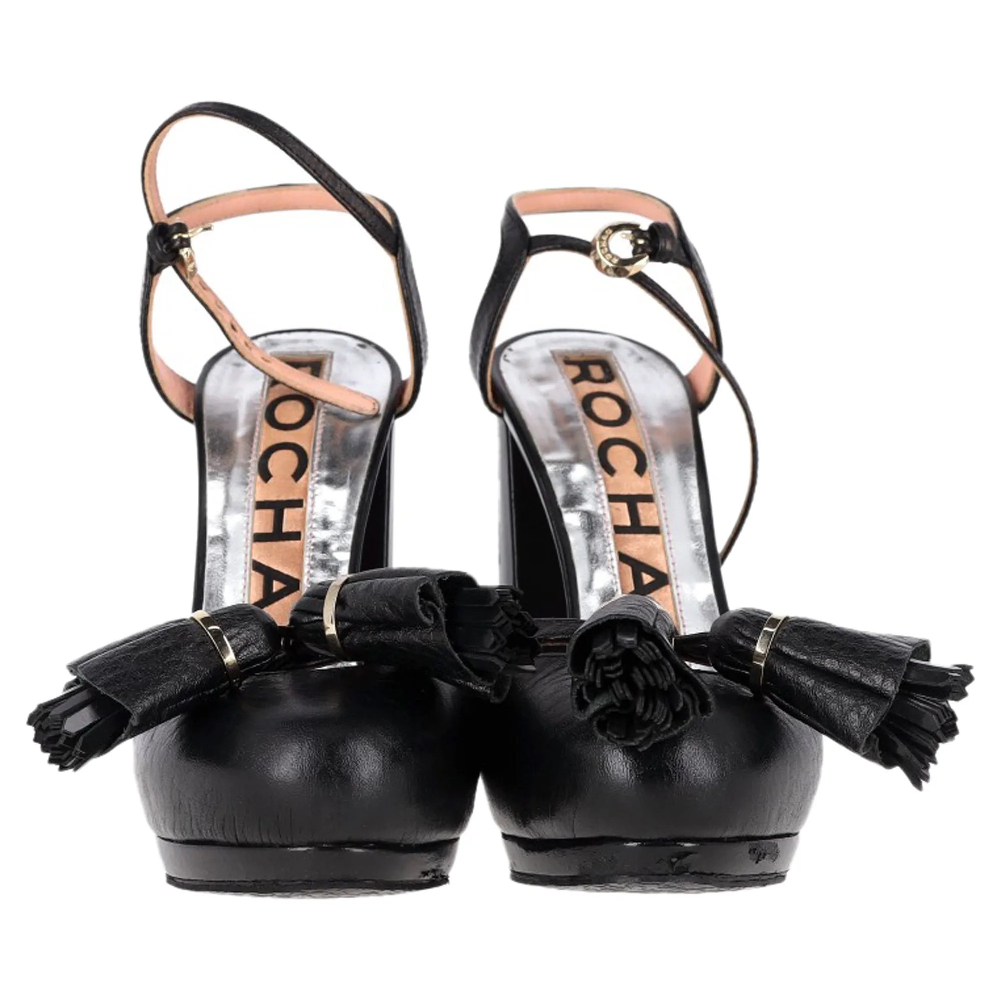 Rochas Tassel Detail Ankle Strap Platform Sandals in Black Leather