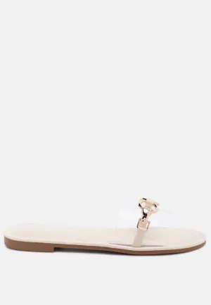 scoth clear buckled quilted slides