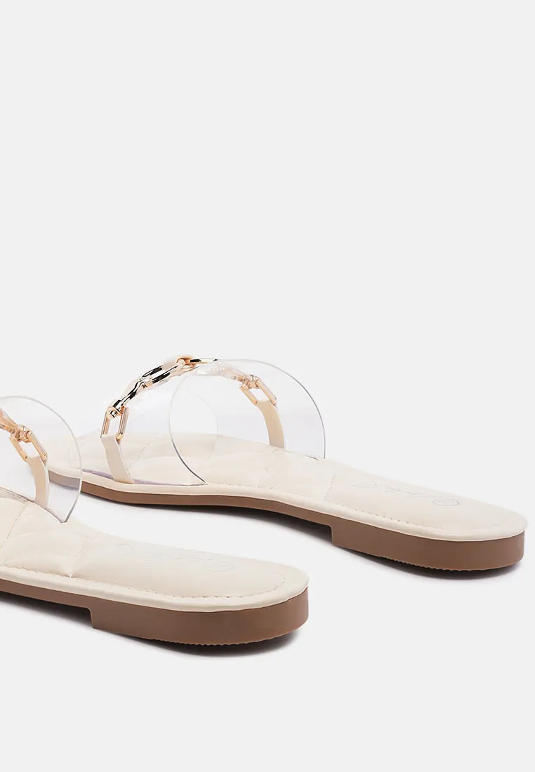 scoth clear buckled quilted slides