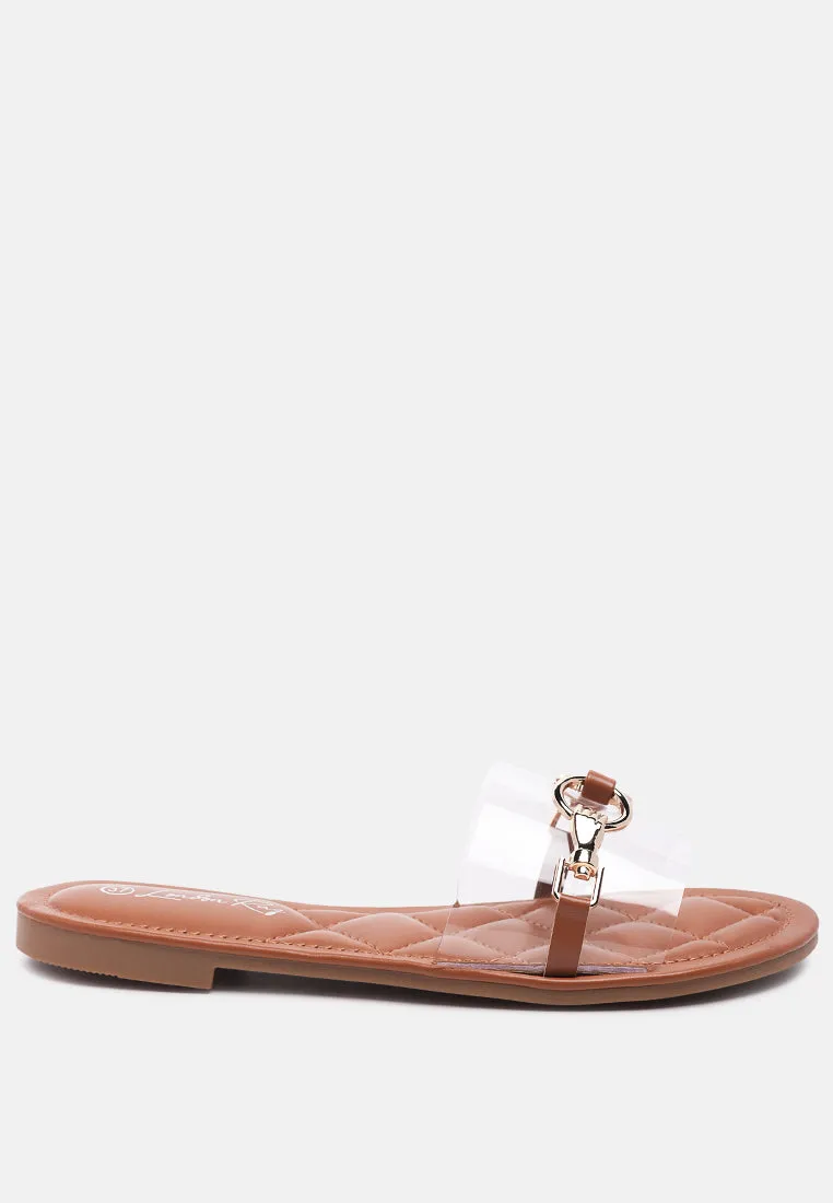 scoth clear buckled quilted slides