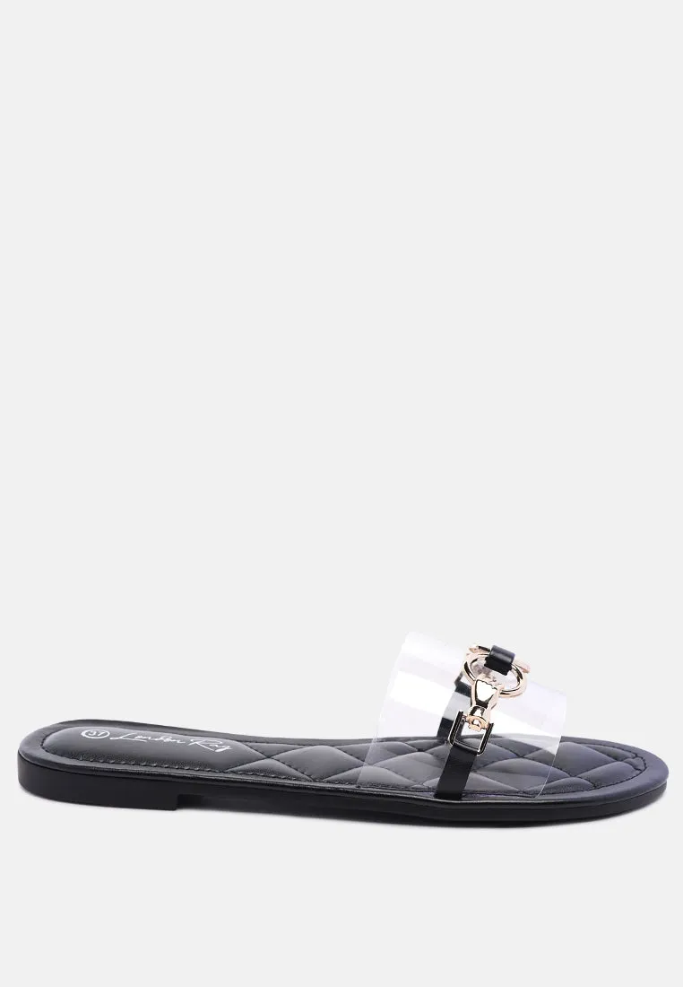 scoth clear buckled quilted slides