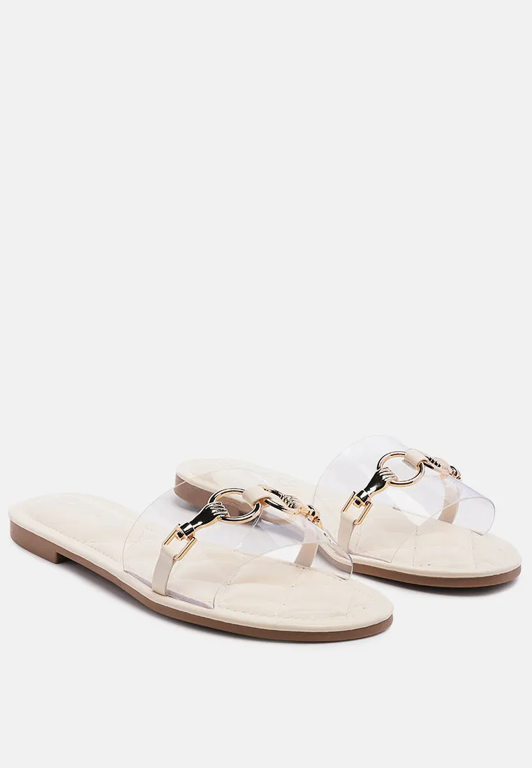 scoth clear buckled quilted slides