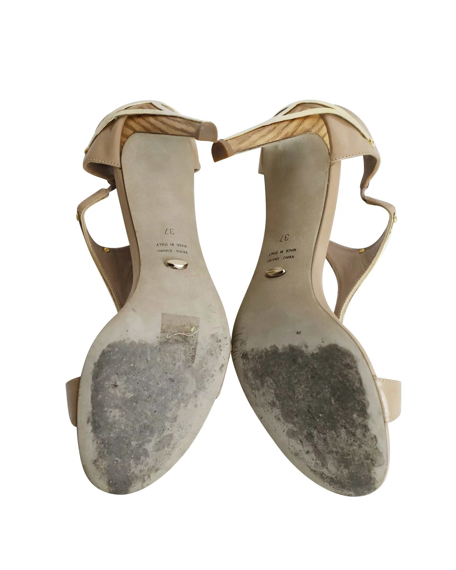 Sergio Rossi Gold Trimmed Sandals in Nude Patent Leather