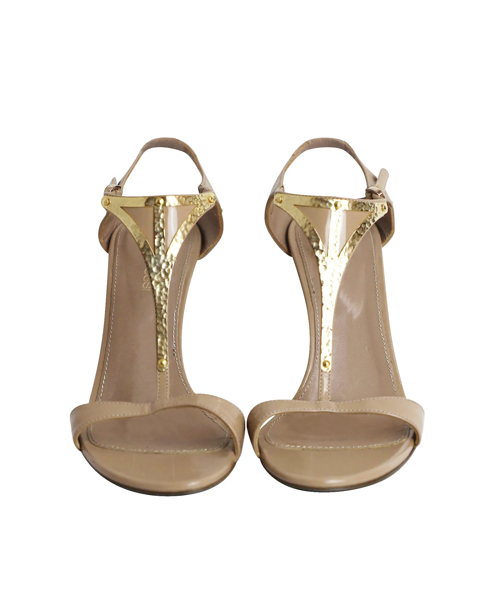 Sergio Rossi Gold Trimmed Sandals in Nude Patent Leather