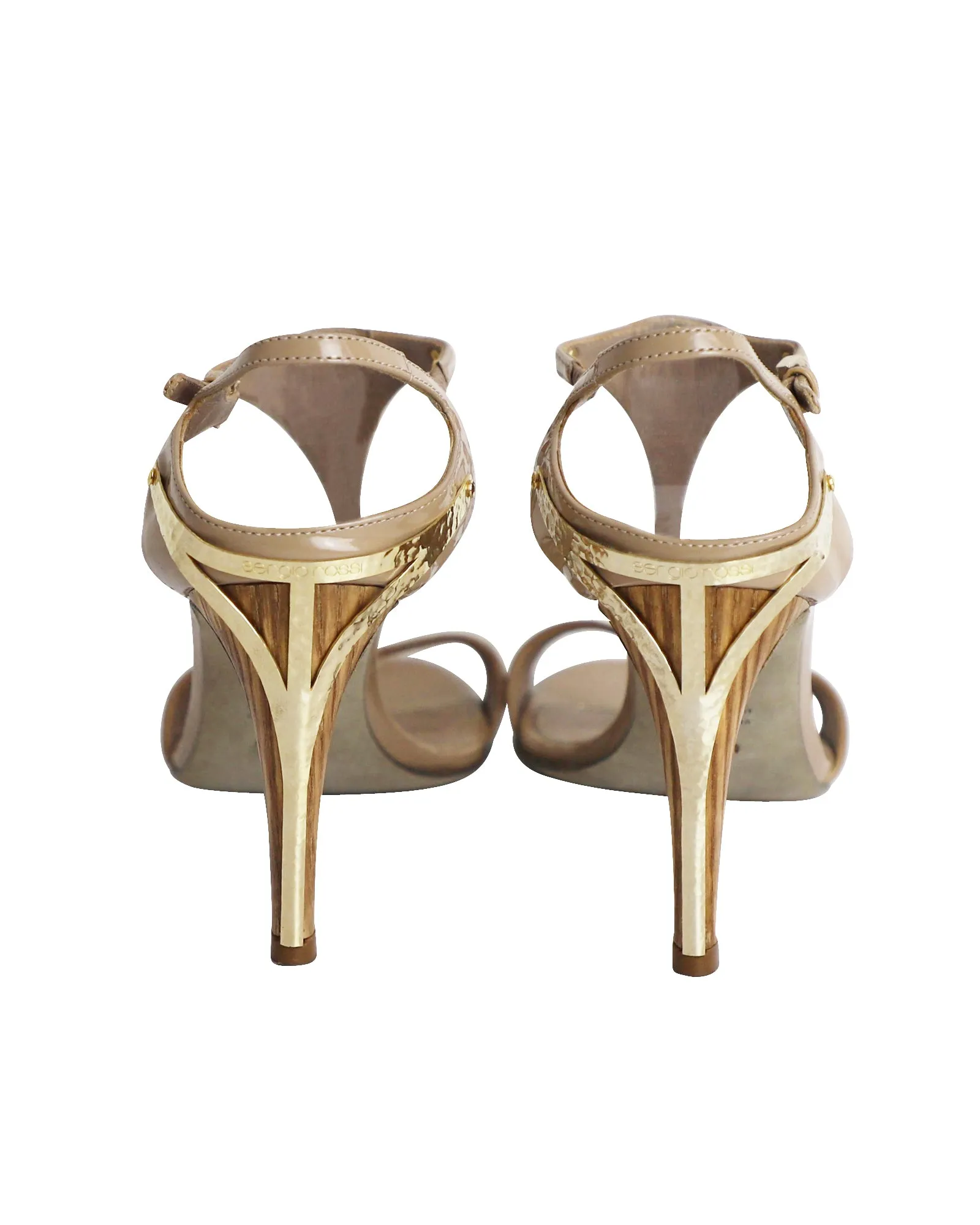 Sergio Rossi Gold Trimmed Sandals in Nude Patent Leather