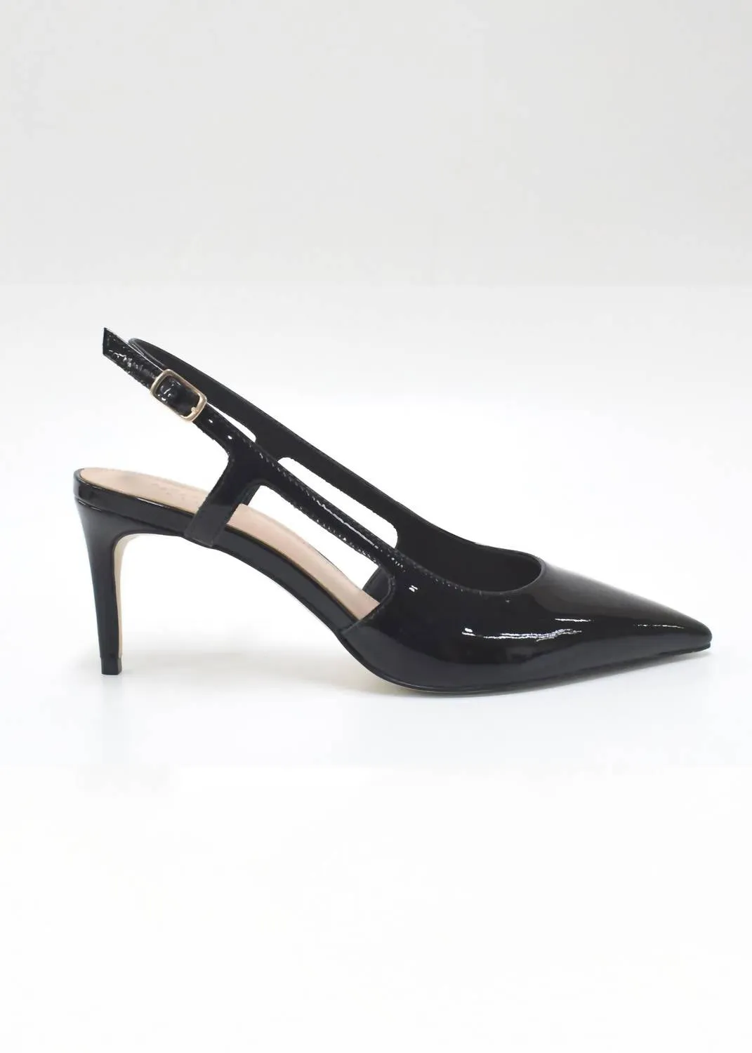Sling Back Closed Toe Heel In Black Patent