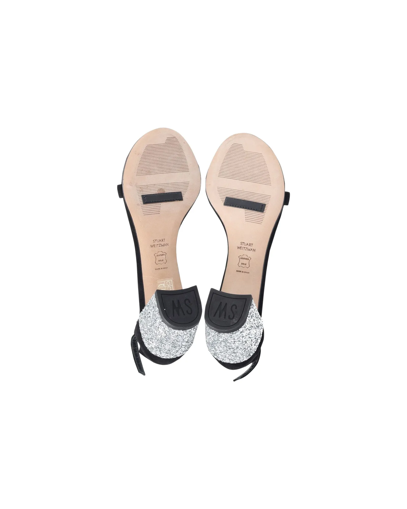Stuart Weitzman Glitter Block Heel Sandals in Black Suede