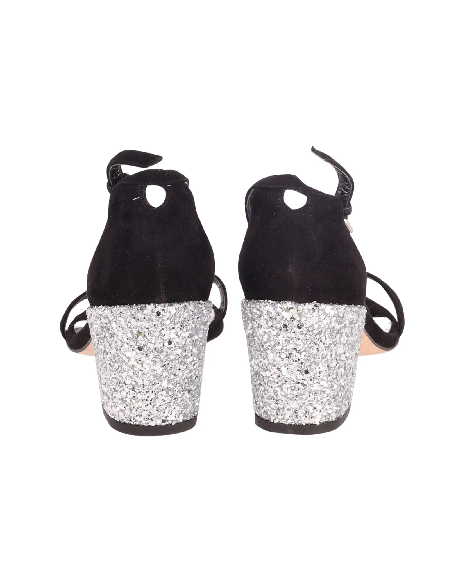 Stuart Weitzman Glitter Block Heel Sandals in Black Suede