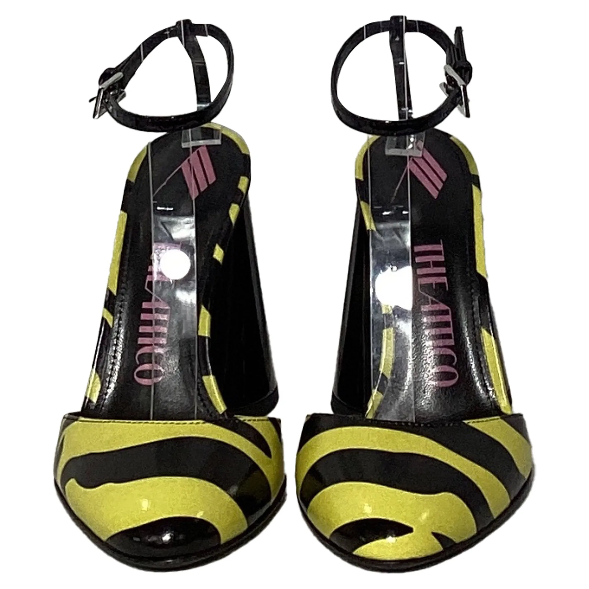 The Attico Luz Block Cone Heel Ankle Strap Pumps in Black and Yellow Leather