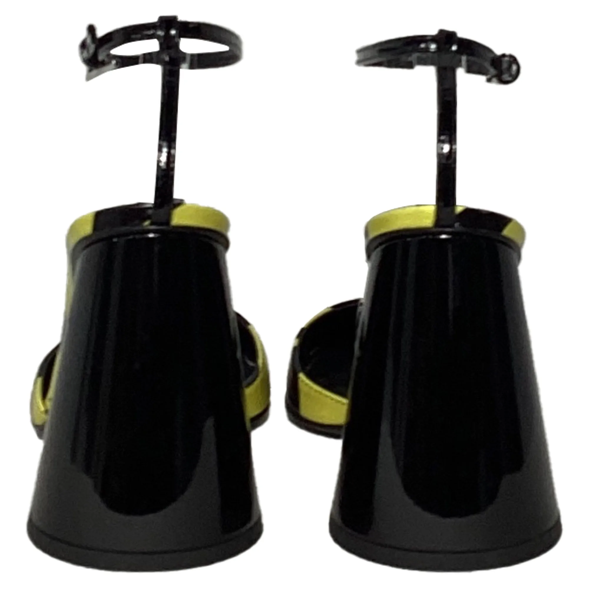 The Attico Luz Block Cone Heel Ankle Strap Pumps in Black and Yellow Leather
