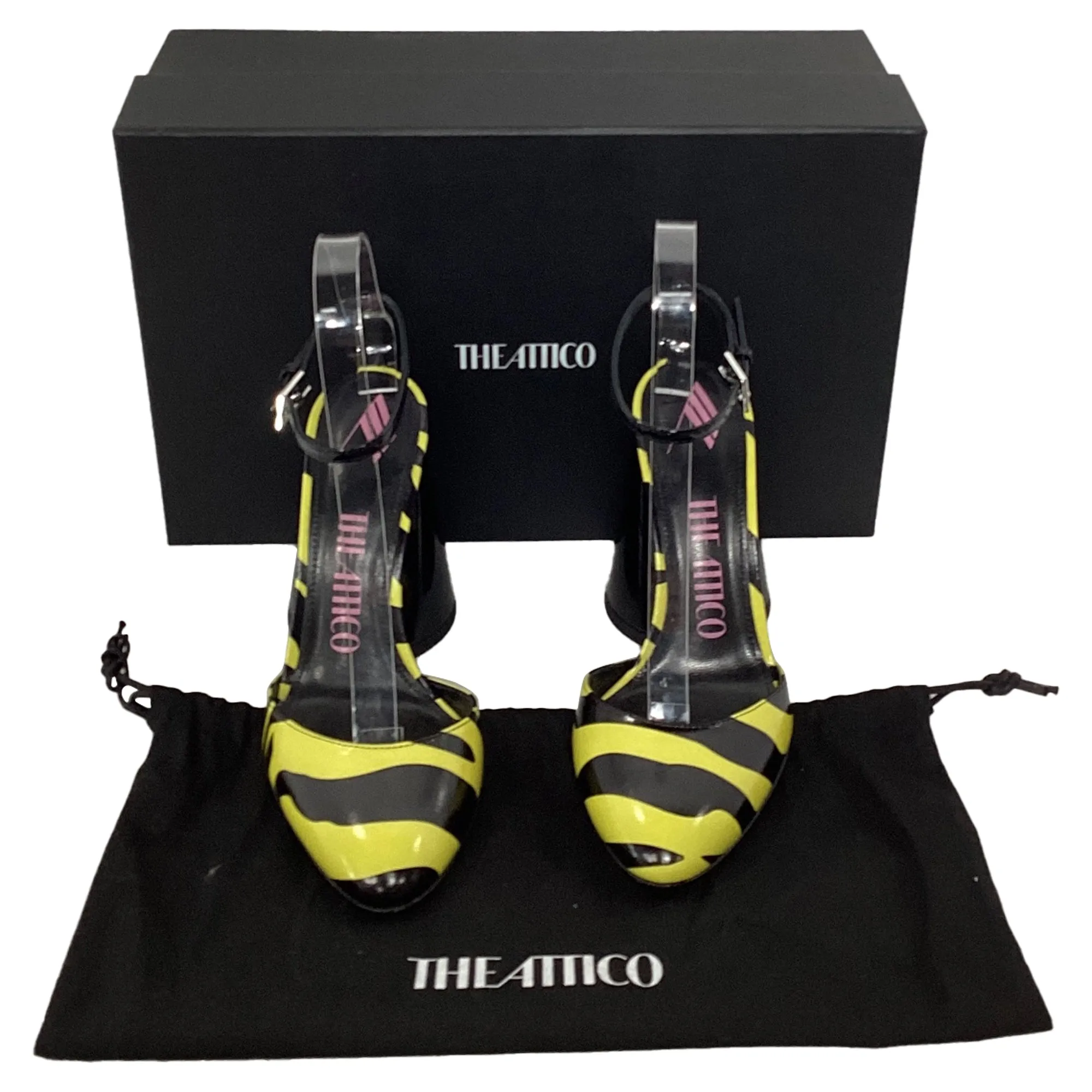 The Attico Luz Block Cone Heel Ankle Strap Pumps in Black and Yellow Leather