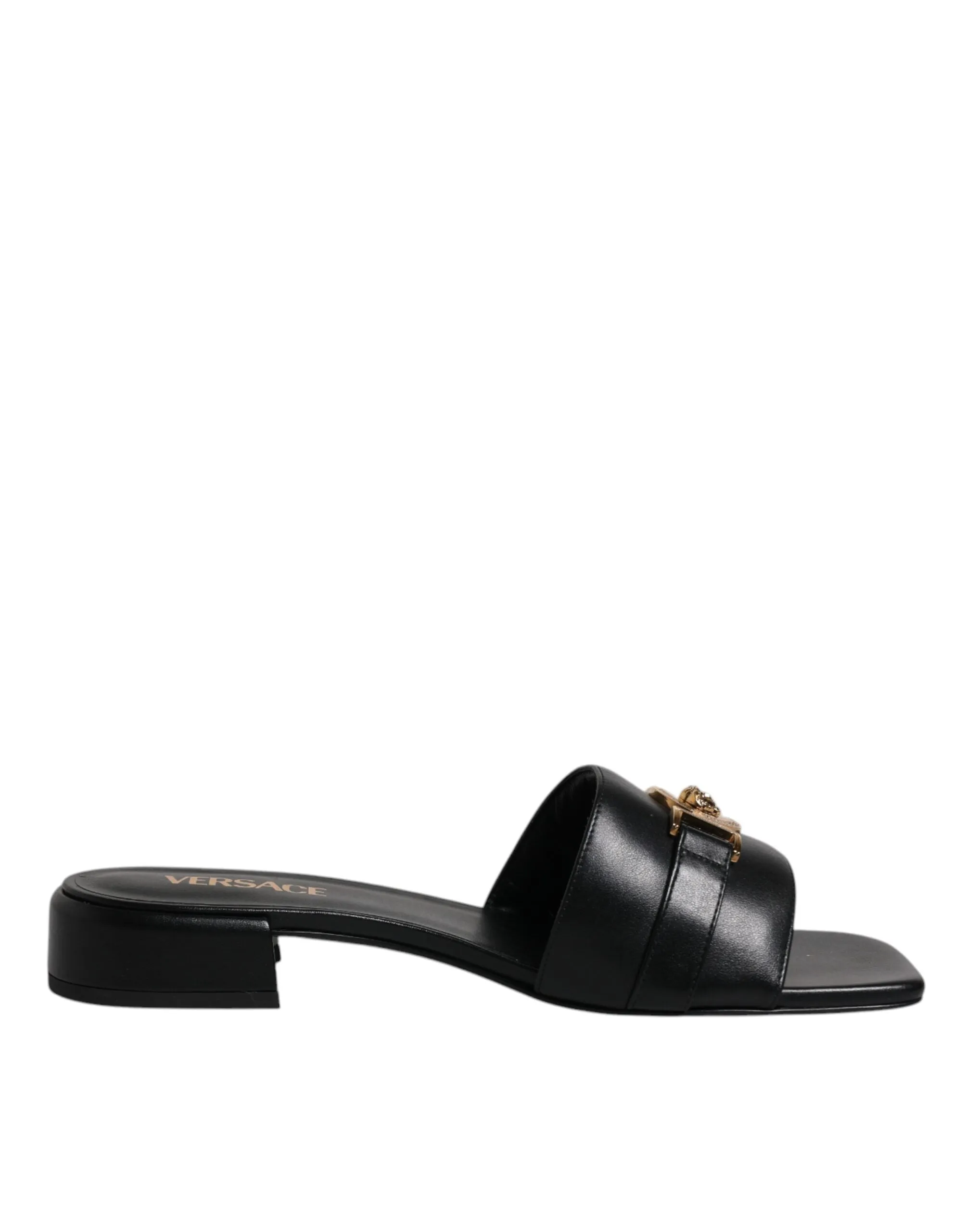 Versace  Leather Logo Plaque Slip On Slides Flats Women's Shoes