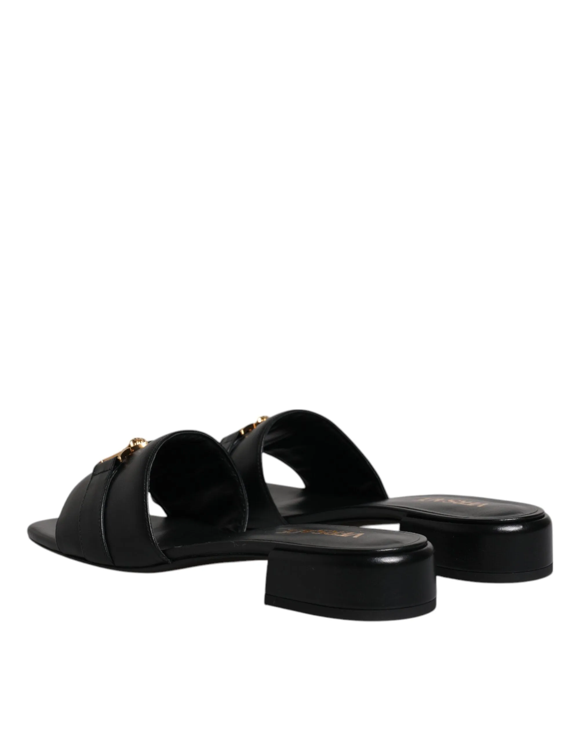 Versace  Leather Logo Plaque Slip On Slides Flats Women's Shoes