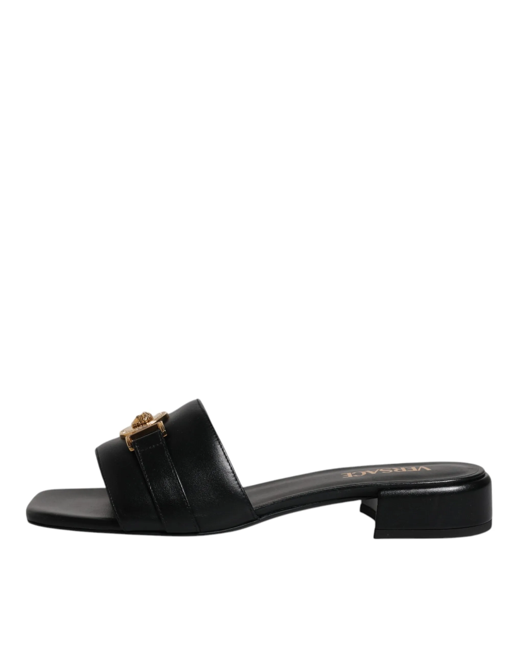 Versace  Leather Logo Plaque Slip On Slides Flats Women's Shoes