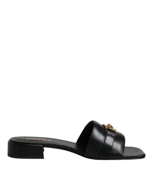 Versace  Leather Logo Plaque Slip On Slides Flats Women's Shoes