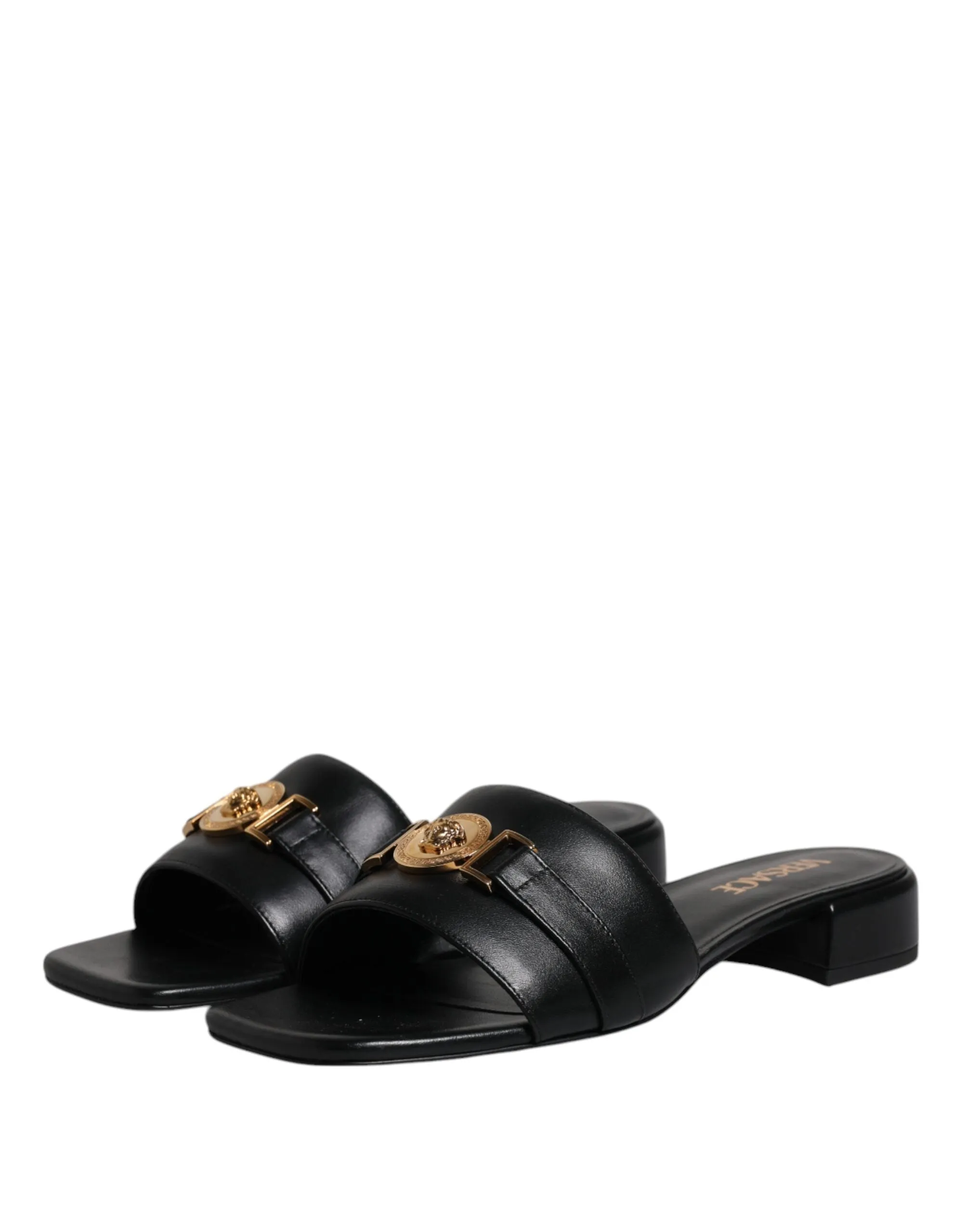 Versace  Leather Logo Plaque Slip On Slides Flats Women's Shoes