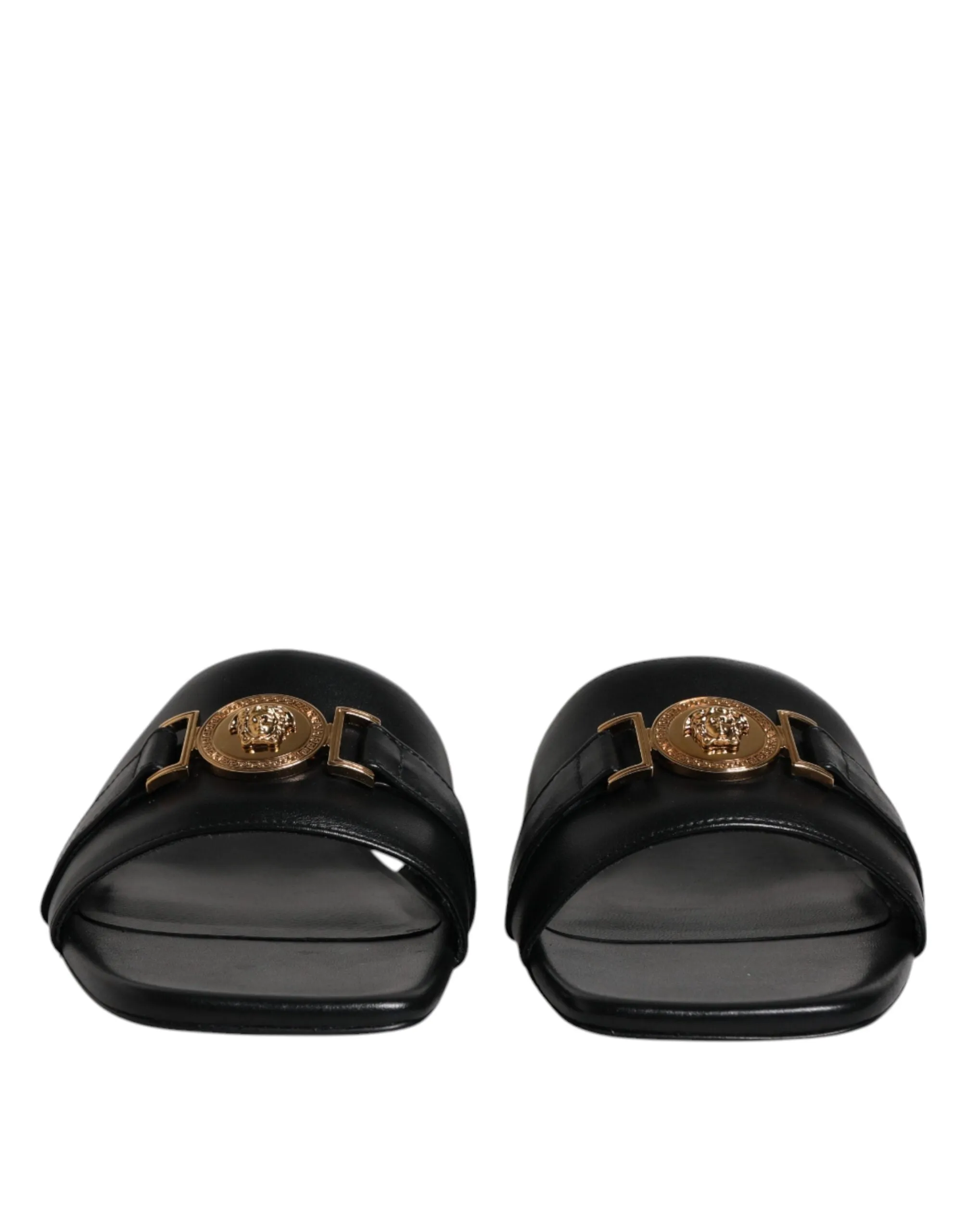 Versace  Leather Logo Plaque Slip On Slides Flats Women's Shoes