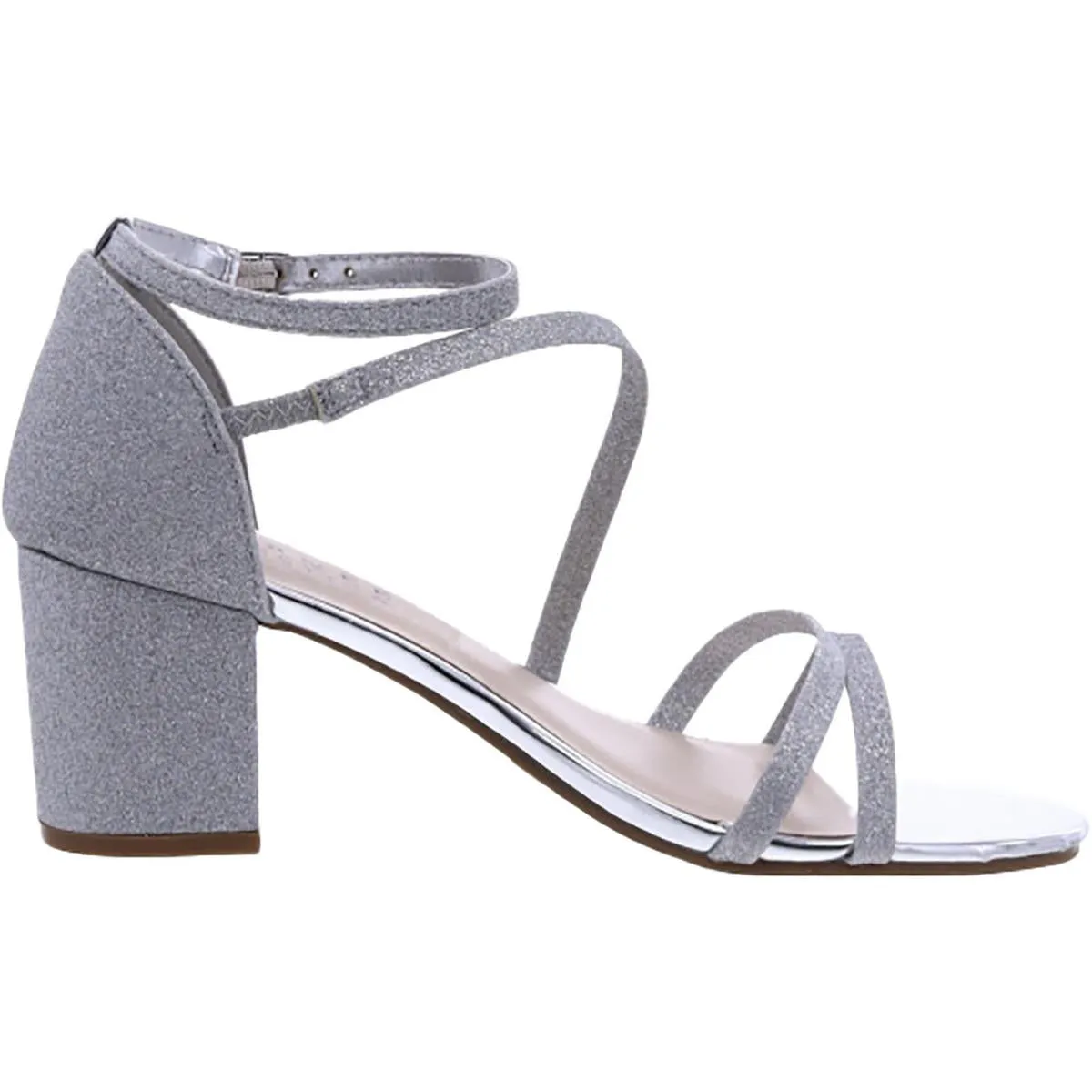 Womens Glitter Ankle Strap Block Heel