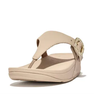Women's Lulu Crystal Toe Post Buckle Leather Sandal In Stone Beige