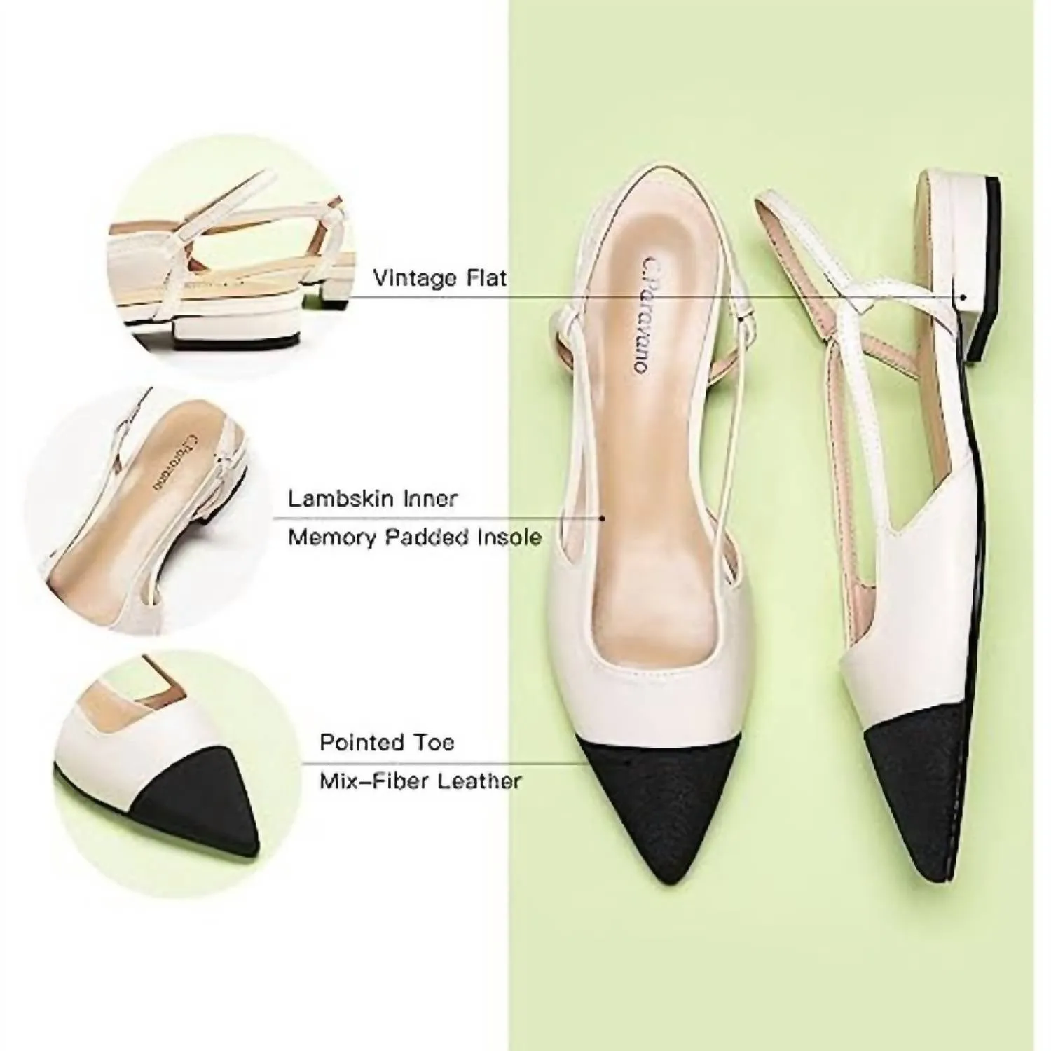 Women's Slingback Pointed Toe Flat Shoes In Black And White