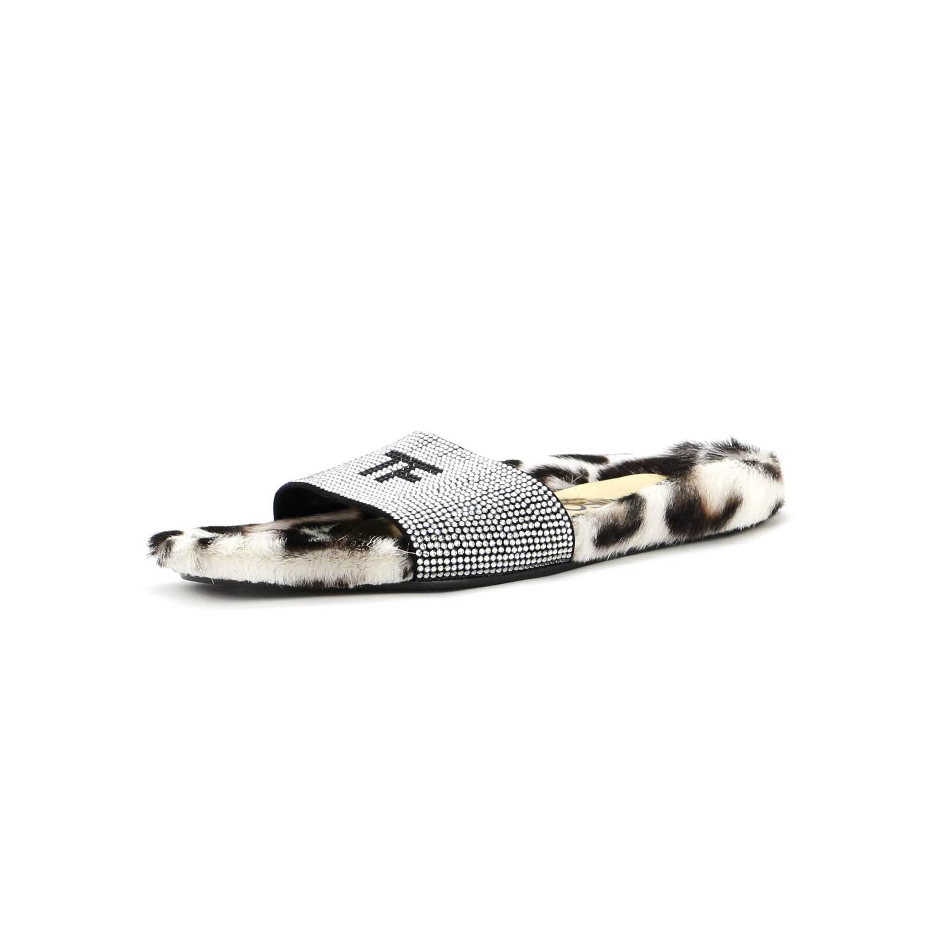 Women's TF Pool Slide Sandals Calf Hair and Crystal Embellished Leather