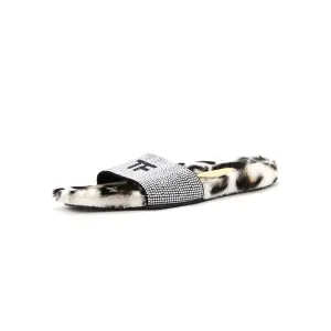 Women's TF Pool Slide Sandals Calf Hair and Crystal Embellished Leather